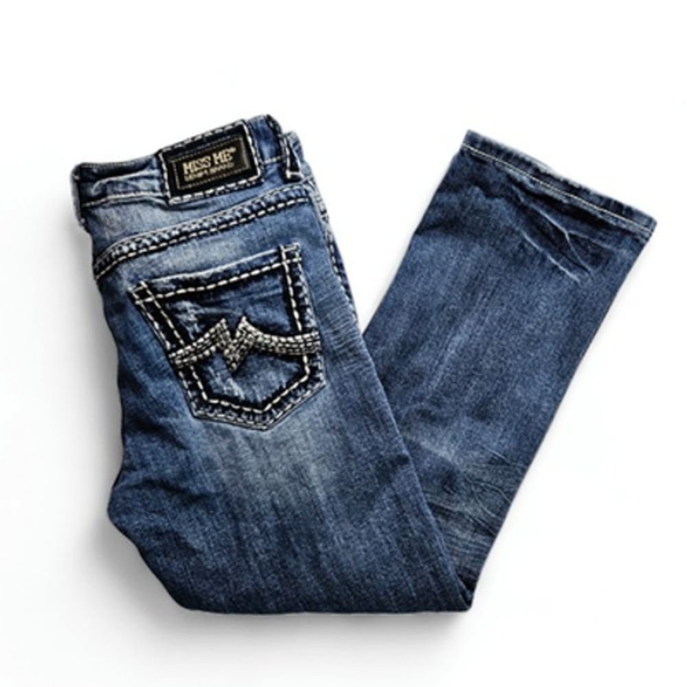 Miss Me Boyfriend Crop Jeans Distressed Heavy Stitch Bayview Medium Wash Y2K‎ 27